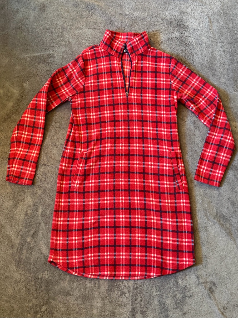 Lands' End women’s red and navy plaid fleece quarter-zip tunic